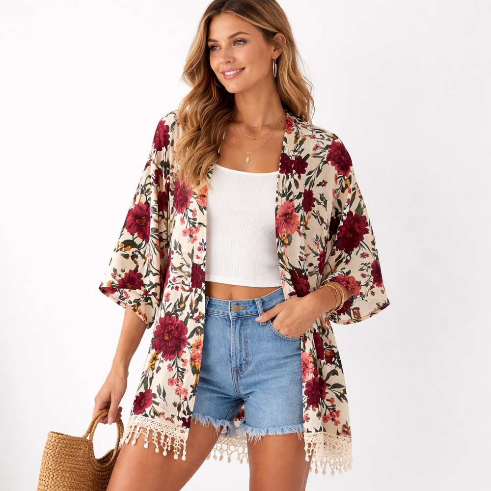Time and Tru Floral Kimono Cardigan Boho Cover Up Ivory OS